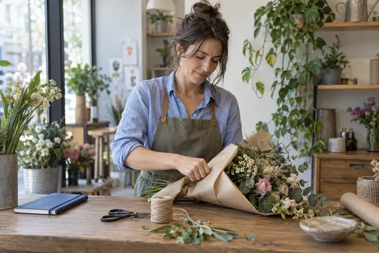 A florist wrapping a bouquet at her shop counter.