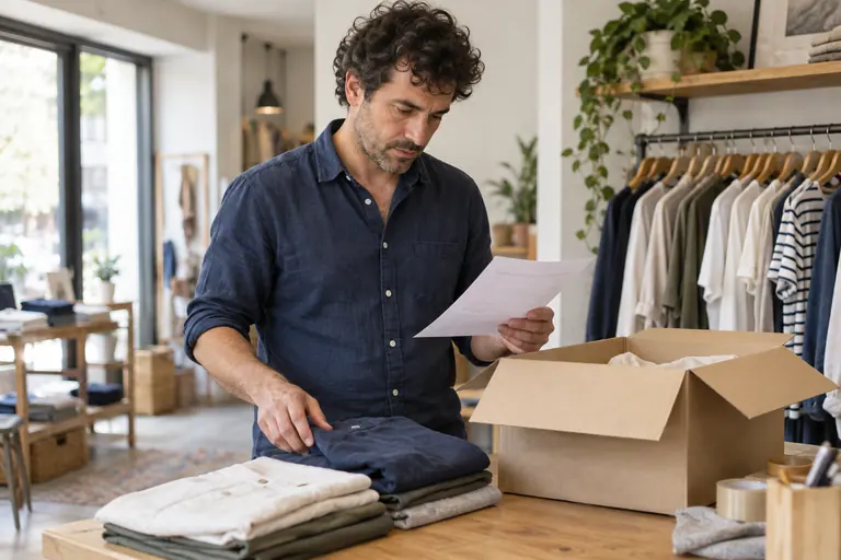 A clothing shop owner checking an order beside folded shirts.