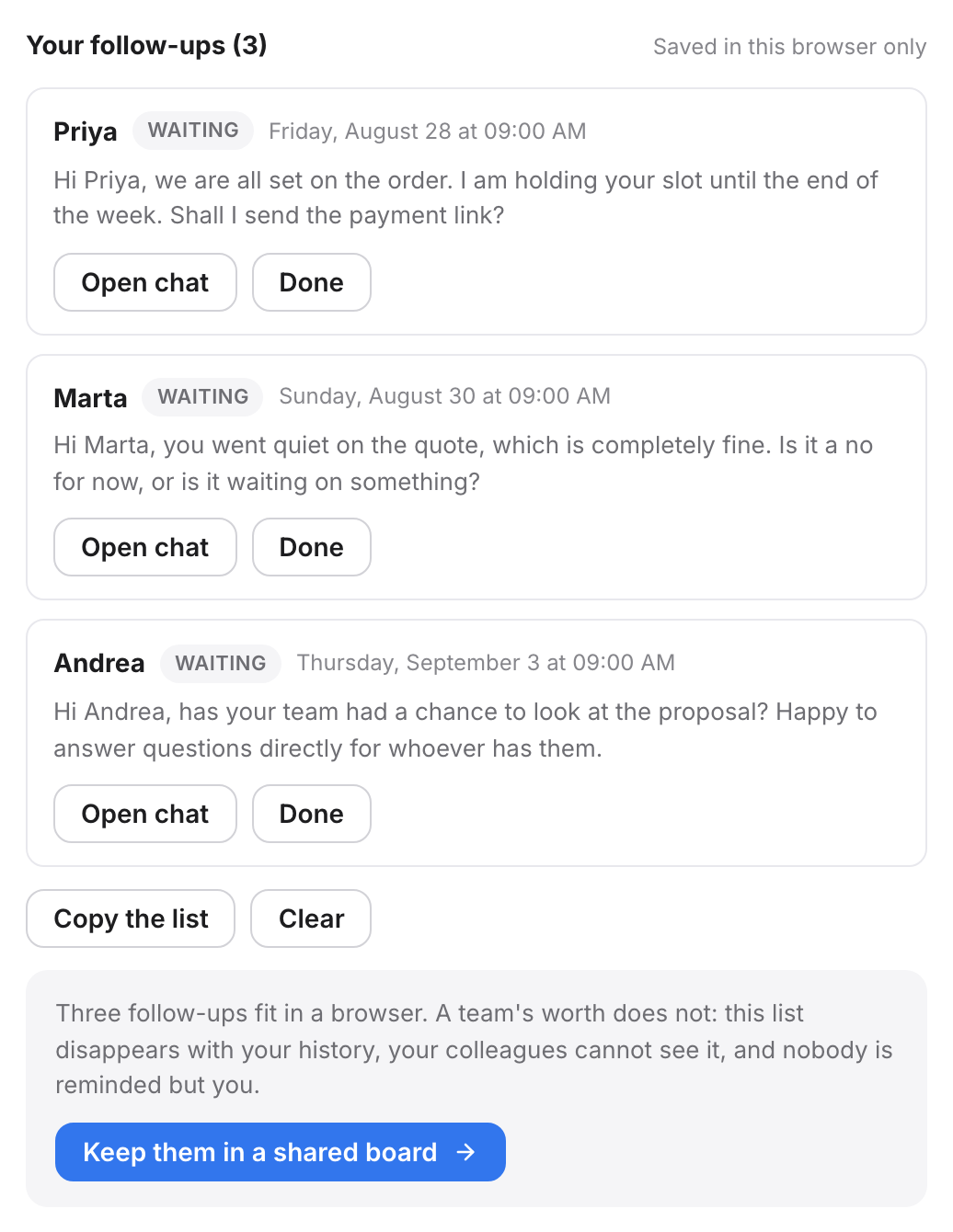 Three saved follow-ups, each with its date, its message and a button that opens the chat