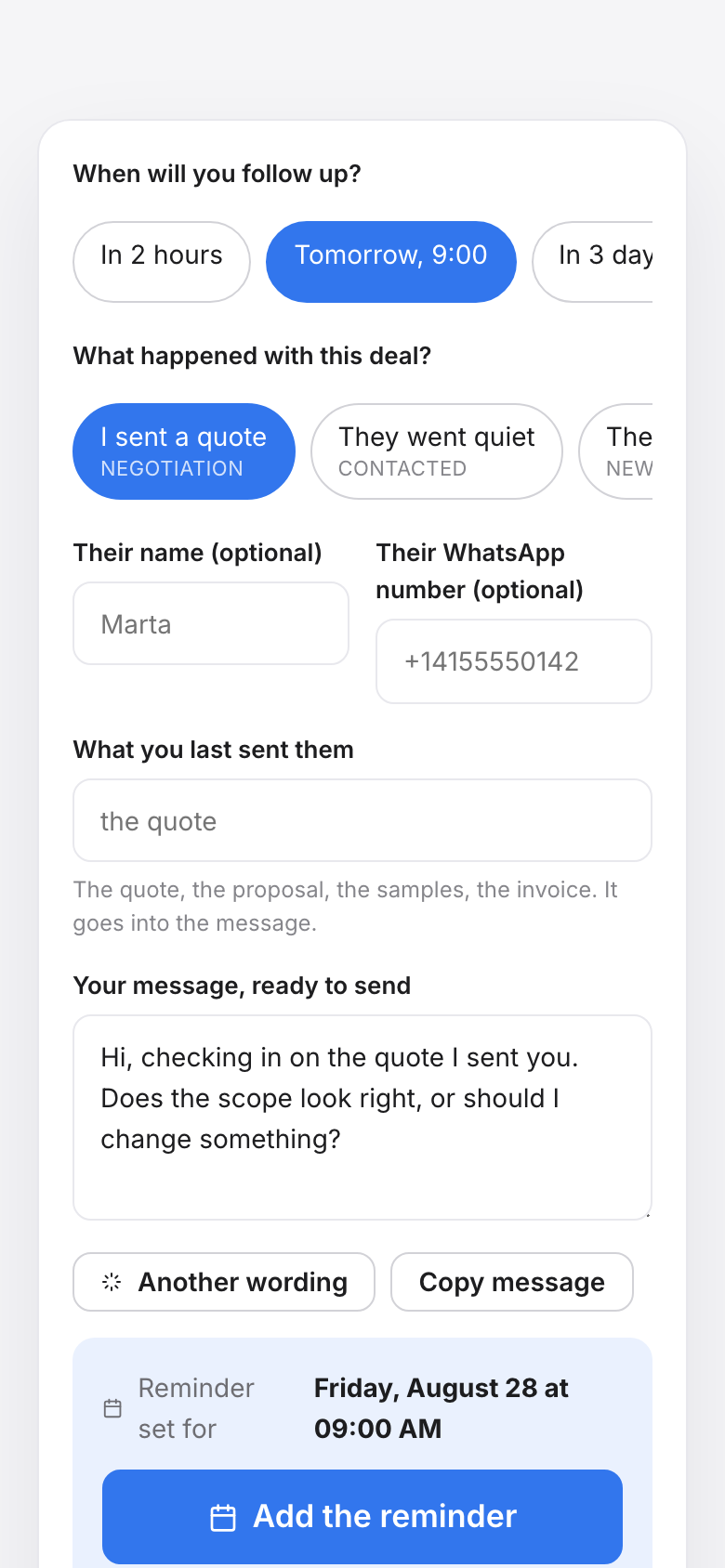 The scheduler on a phone: the card is the first thing on the screen, with the message already written