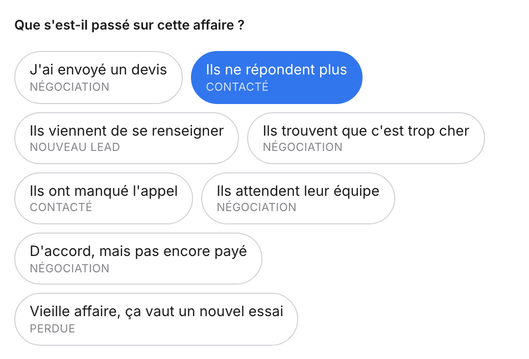 Étape 2 : les huit situations, avec Ils ne répondent plus sélectionné et l'étape du tunnel sur chaque bouton