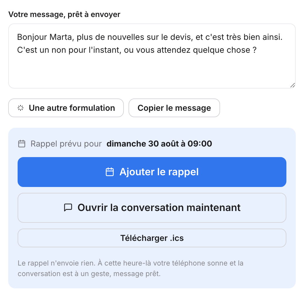 Étape 3 : le message écrit, le rappel fixé au dimanche à 09:00, et les boutons qui l'ajoutent à l'agenda ou ouvrent la conversation