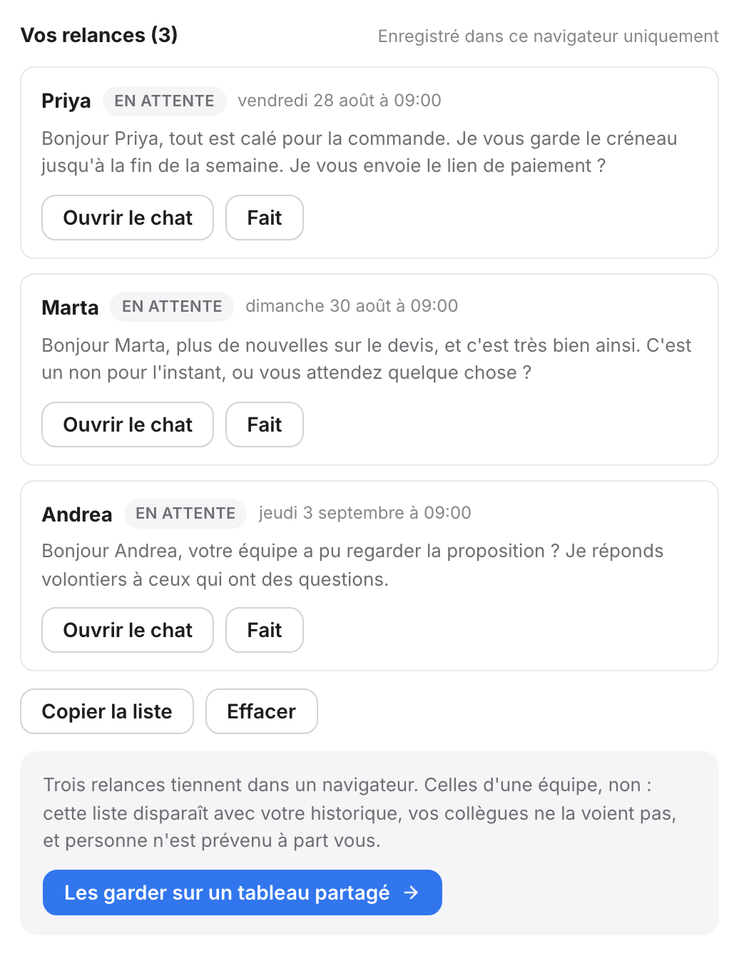 Trois relances enregistrées, chacune avec sa date, son message et un bouton qui ouvre la conversation