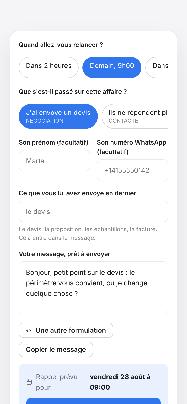 Le planificateur sur un téléphone : la carte est la première chose à l'écran, avec le message déjà écrit