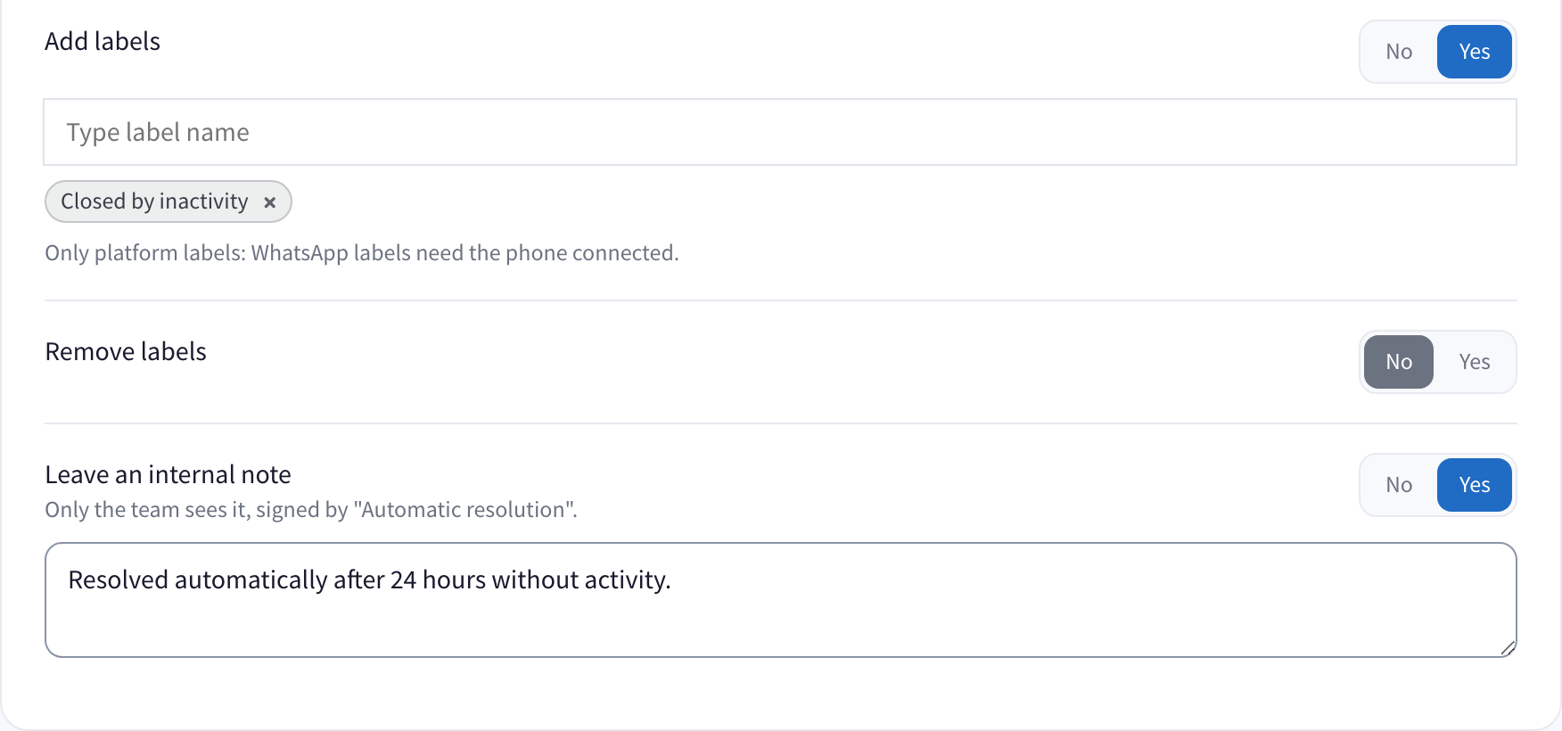 When resolving, also: Closed by inactivity added, Remove labels on No, and an internal note