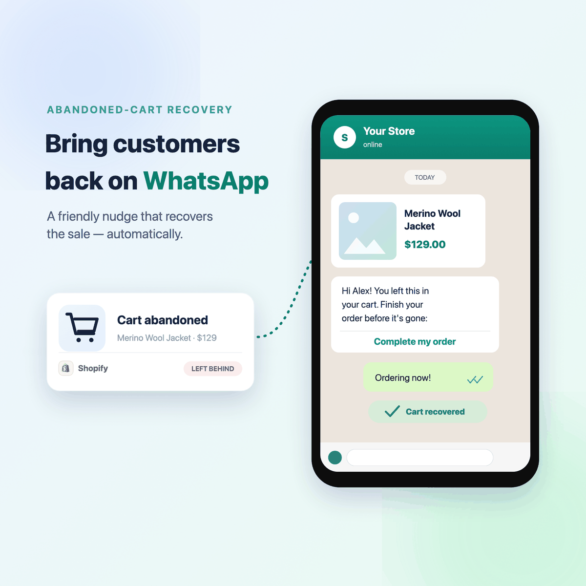 Recupera le vendite perse: carrelli abbandonati di Shopify su WhatsApp