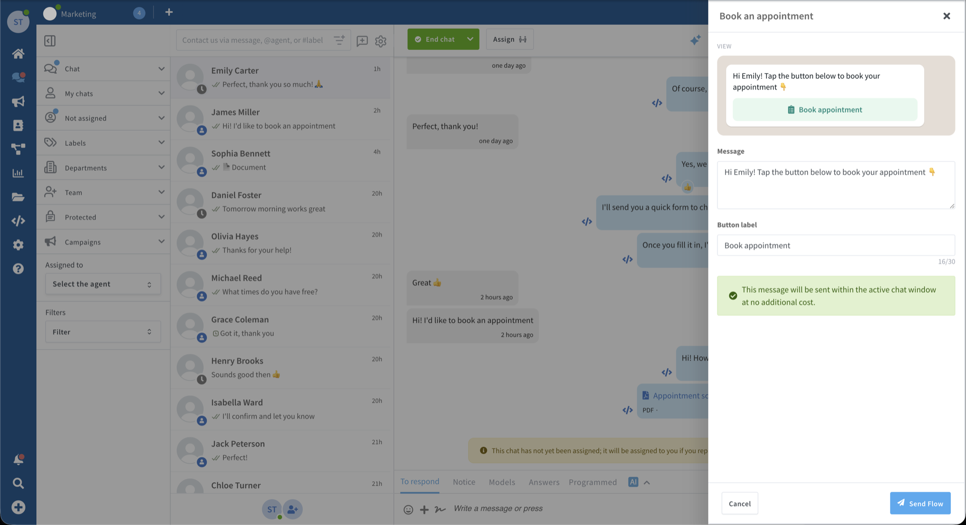 Le panneau d'envoi de Flow dans la boîte de réception de la plateforme, avec aperçu en direct, message, libellé du bouton et écran d'ouverture