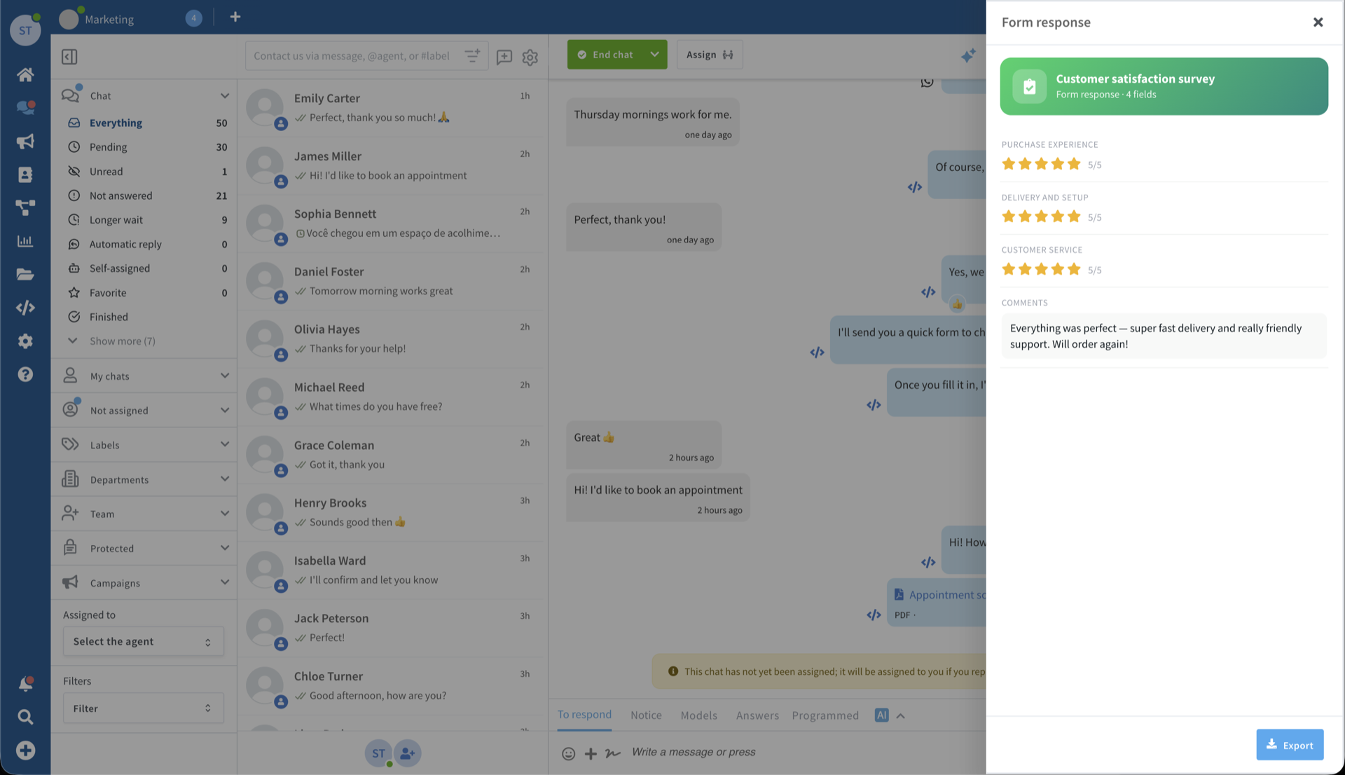 La réponse au flow affichée dans la boîte de réception de la plateforme sous forme de fiche ouvrant un panneau avec les réponses du client