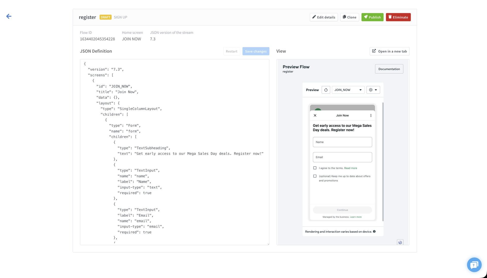 Modification des écrans et du JSON d'un Flow avec un aperçu en direct dans la plateforme