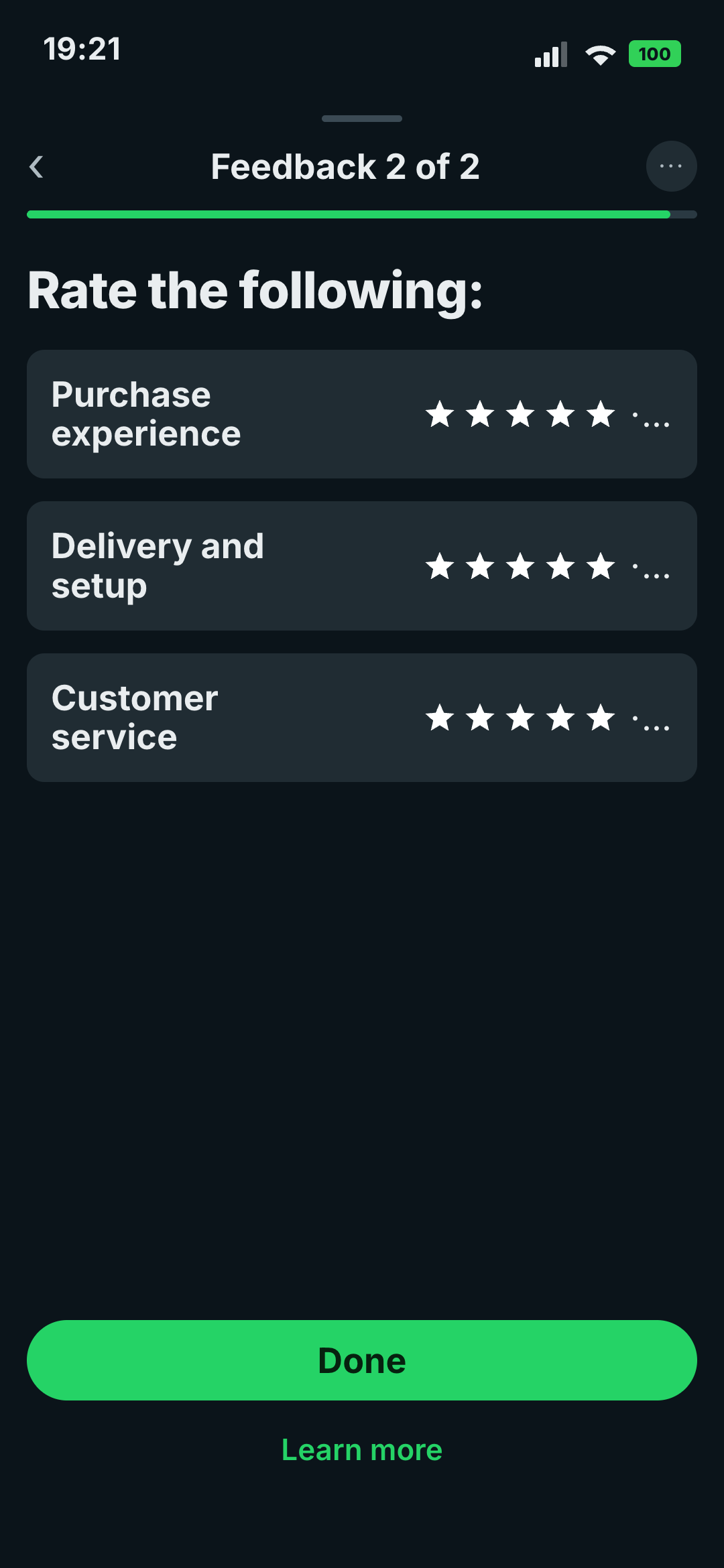 Um formulário de avaliação do WhatsApp Flow no celular do cliente: avalia experiência de compra, entrega e atendimento com estrelas