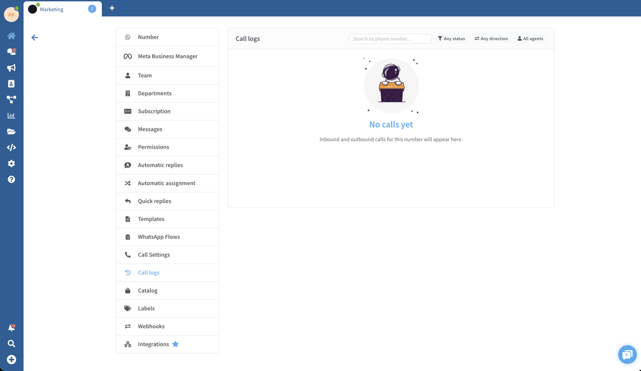 Call logs in the Wassenger inbox — a searchable history of inbound and outbound WhatsApp calls