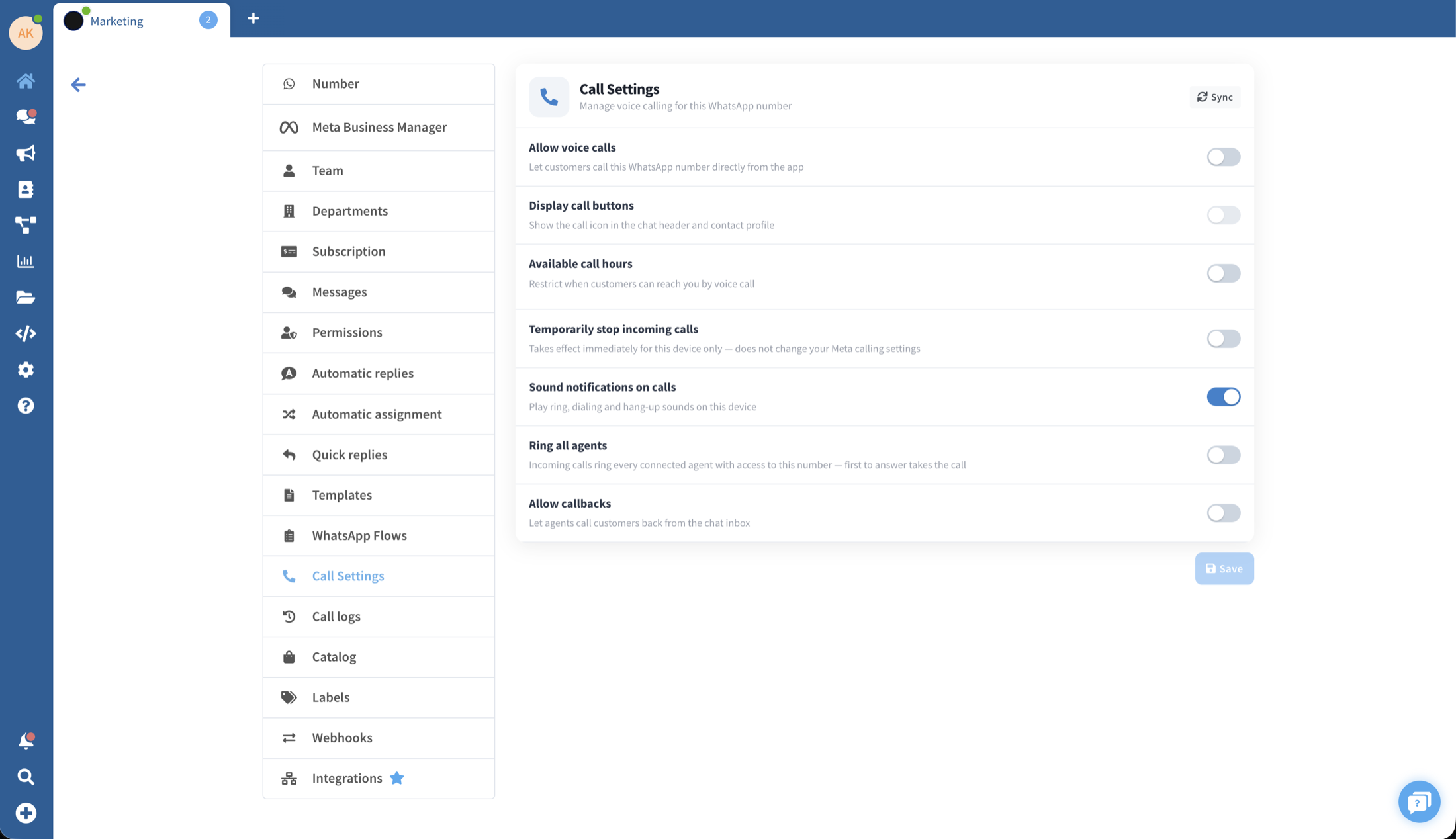 Wassenger Call Settings — voice calling controls for a WhatsApp number