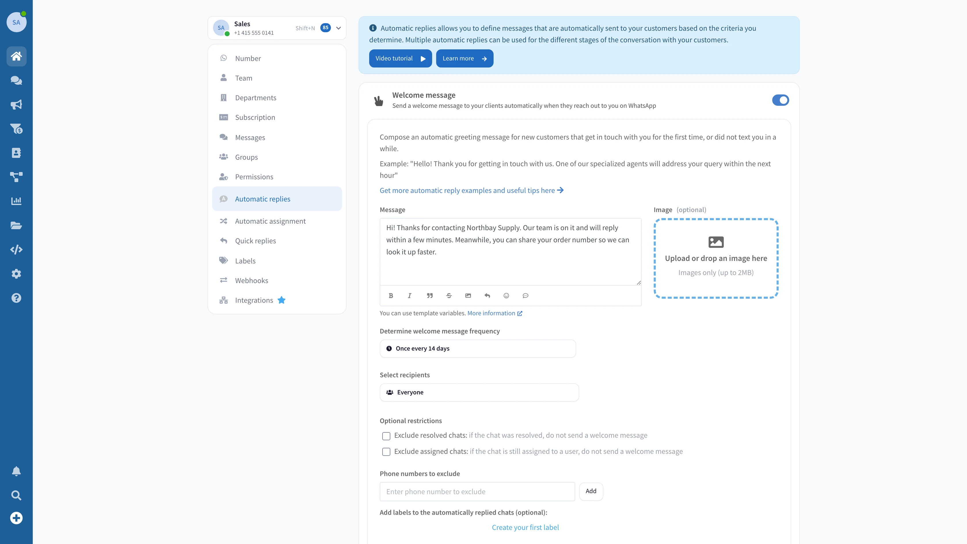 The Automatic replies settings in Wassenger, with the welcome message switched on, its text, how often it is sent and who gets it