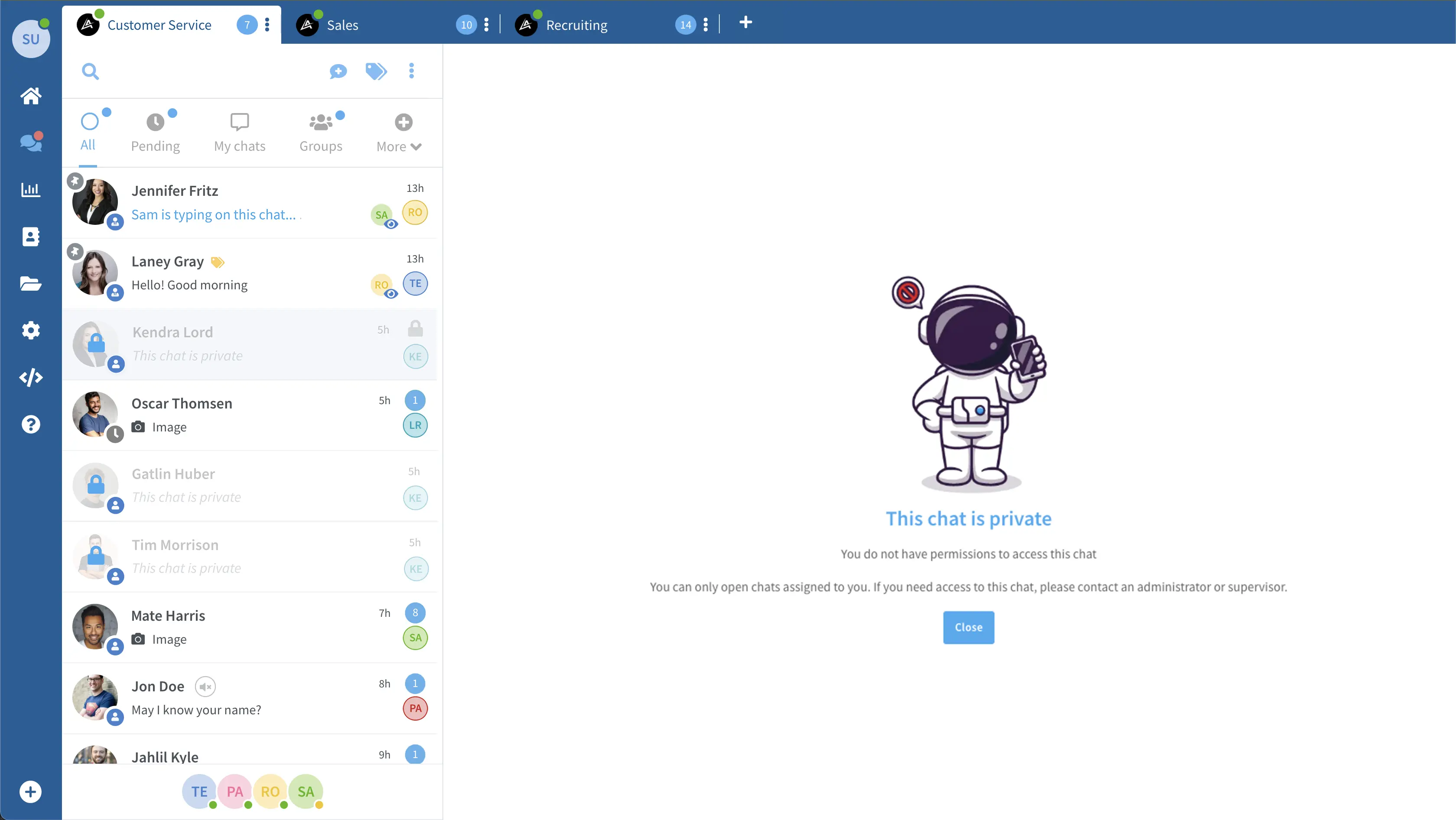 Wassenger role and department permission controls