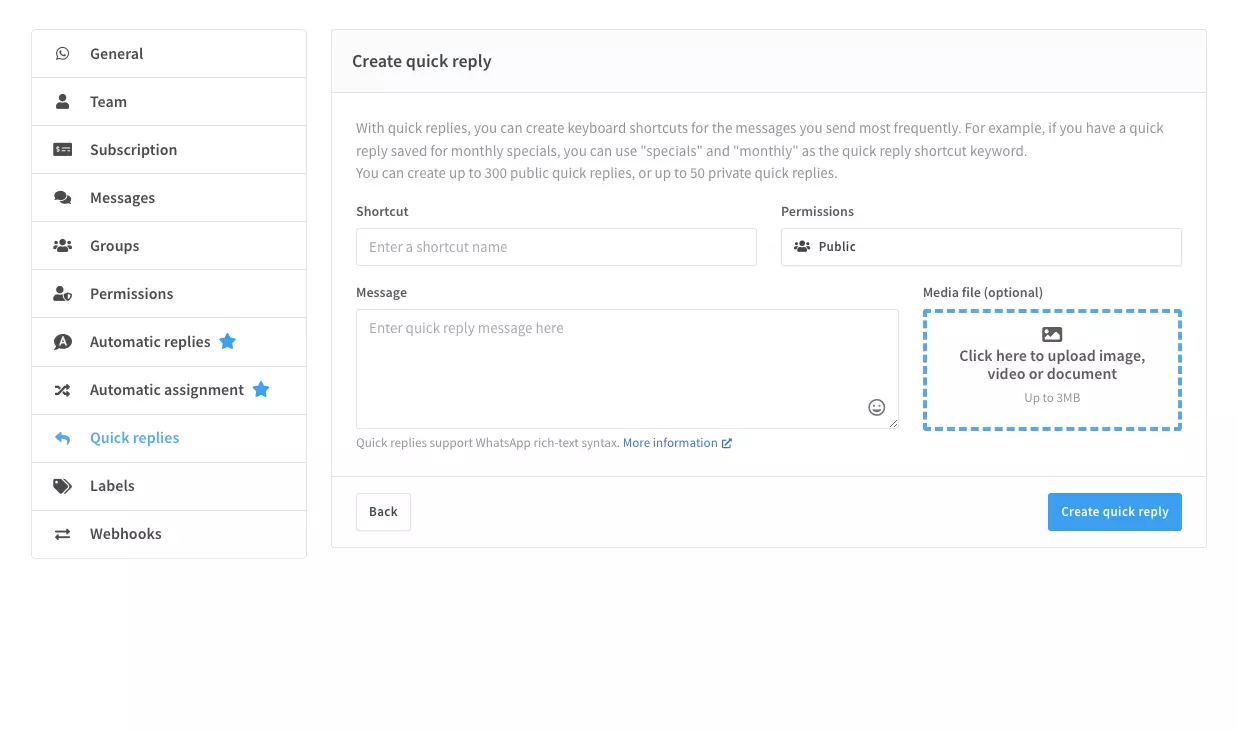 Wassenger quick replies, labels and internal notes
