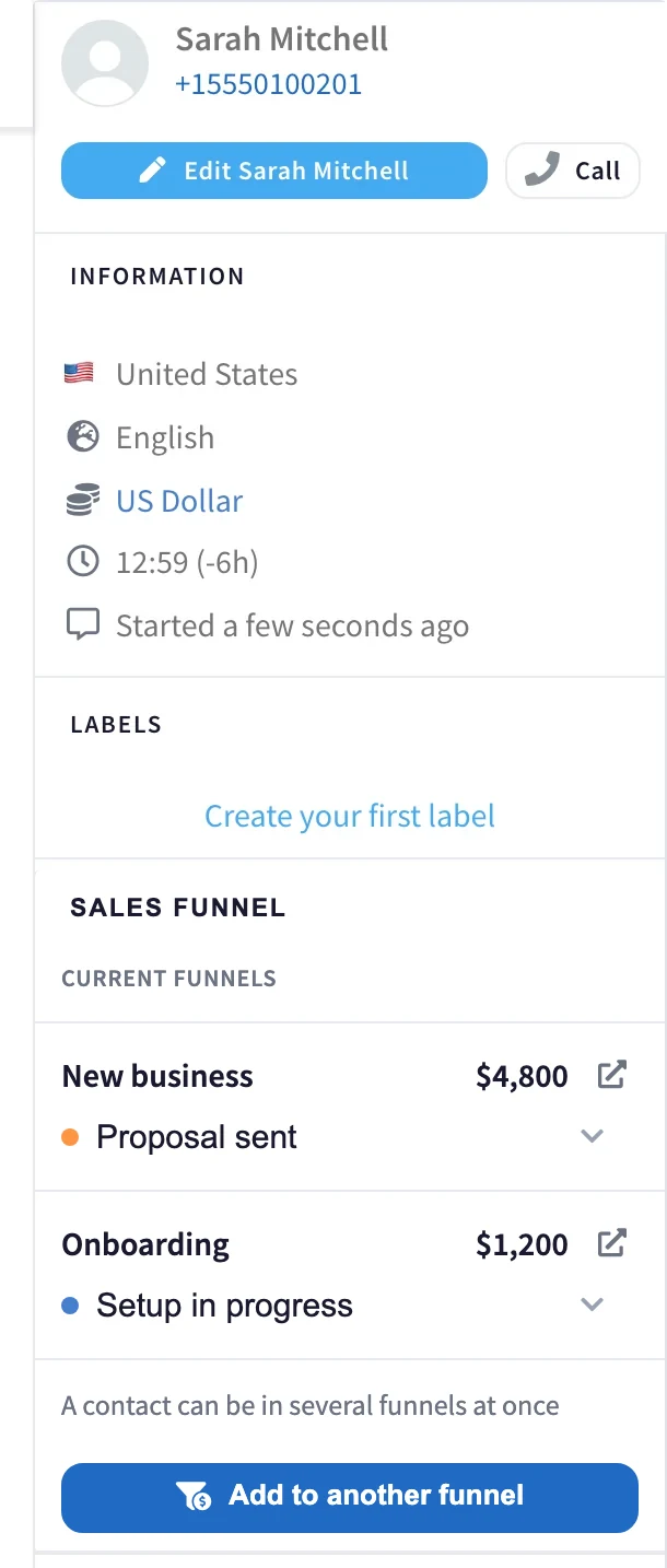 The contact panel beside a conversation, showing the two funnels the contact is in with their amounts and stages, and the button to add it to another