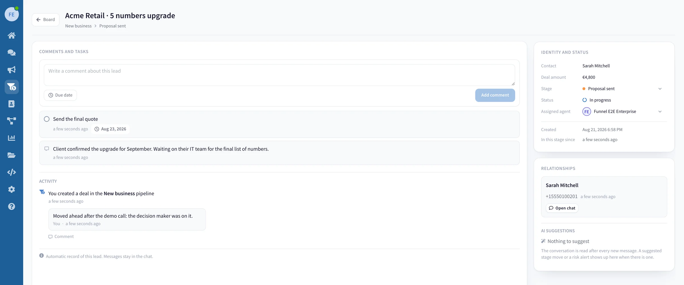 A deal record: comments and tasks on the left with the activity trail below them, and the identity, status and suggestion panels on the right