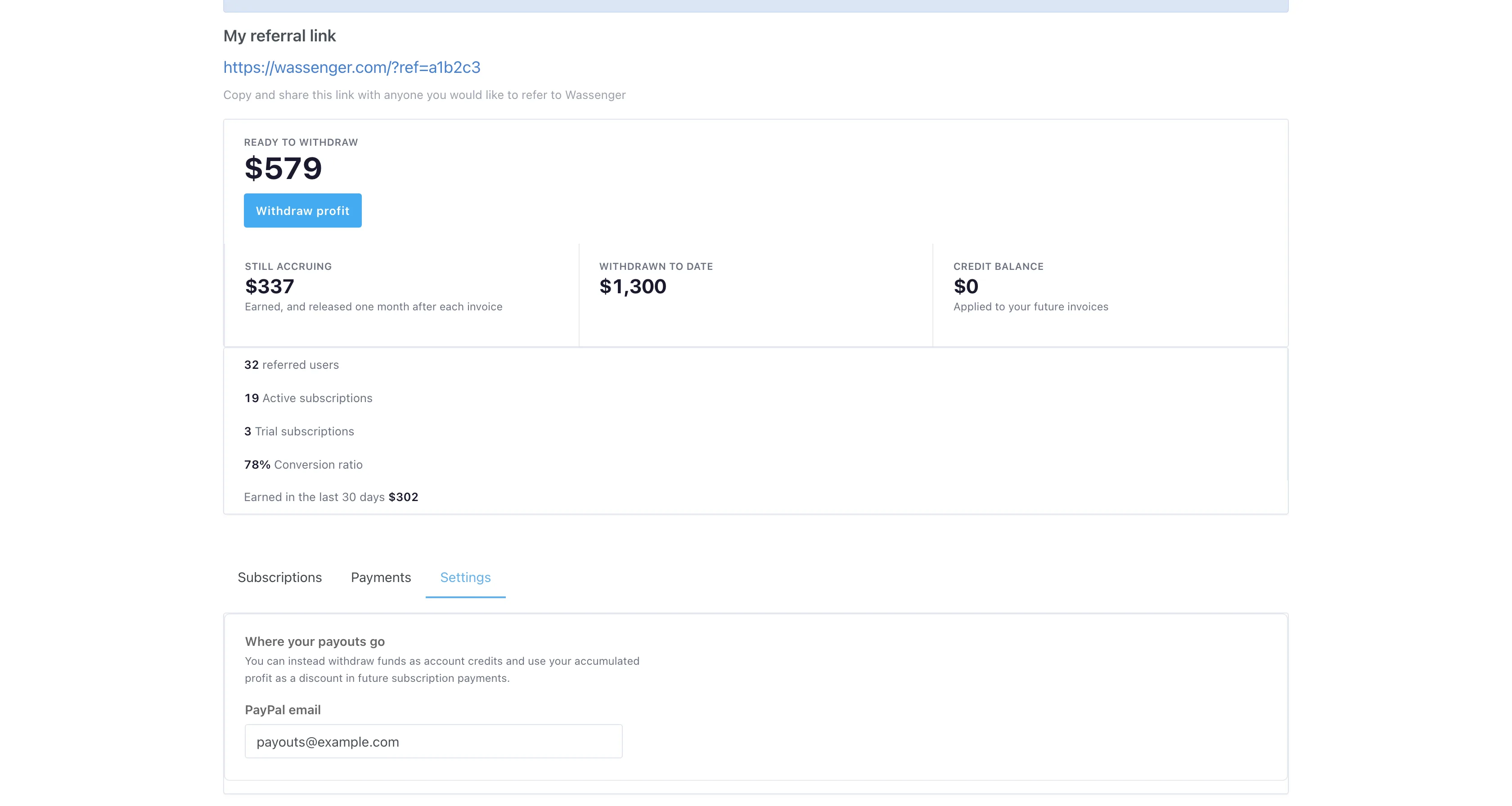 The Wassenger referral screen with the Settings tab open, showing the payout destination card and the PayPal email address cash-outs are sent to